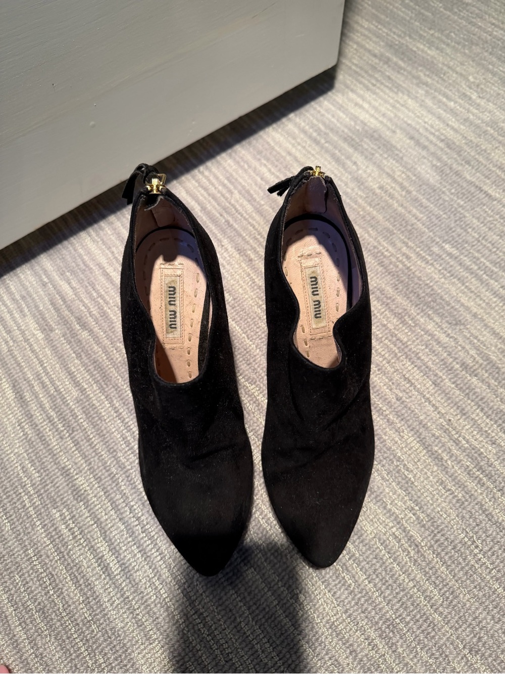 Miu Miu Black Suede Pointed Toe Ankle Boots with Gold Zip